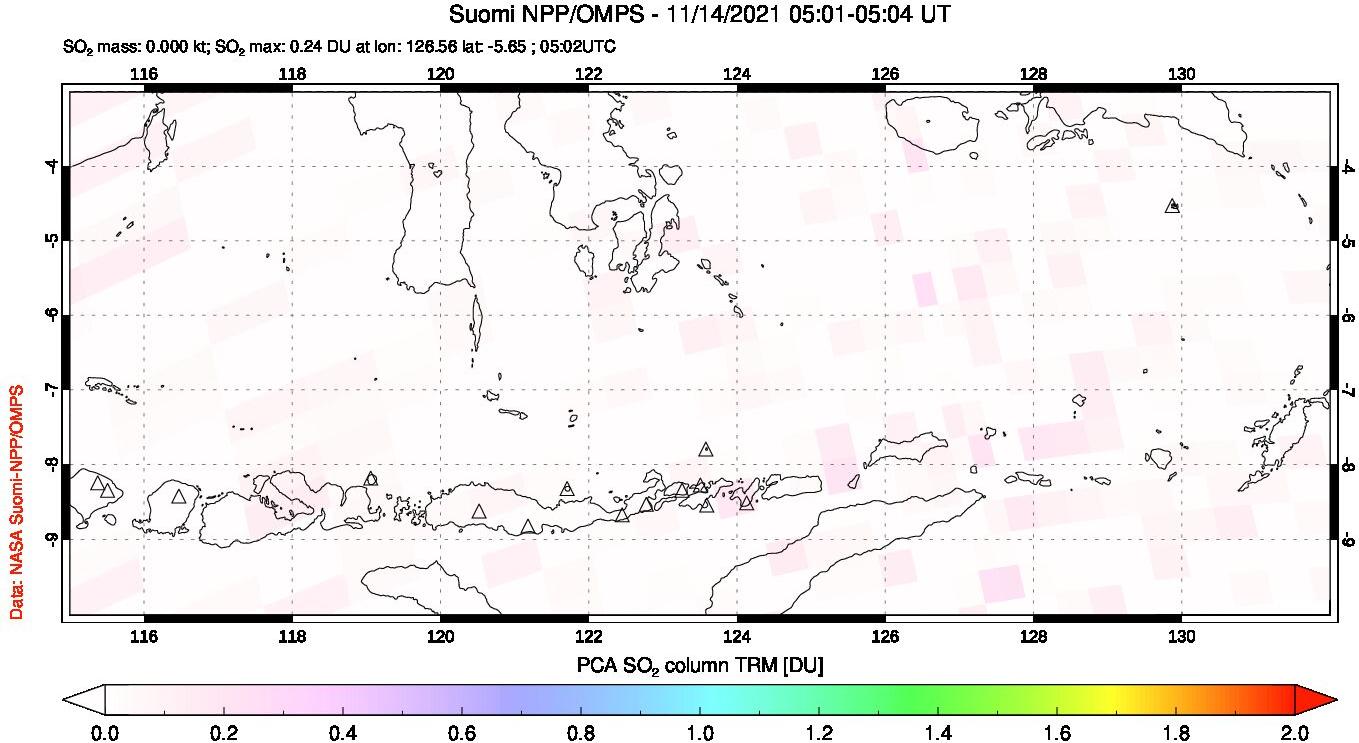 A sulfur dioxide image over Lesser Sunda Islands, Indonesia on Nov 14, 2021.
