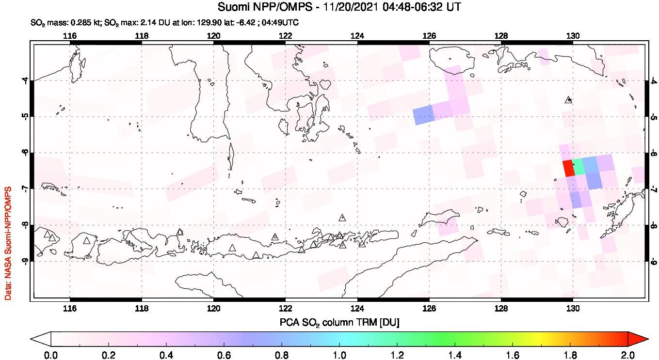 A sulfur dioxide image over Lesser Sunda Islands, Indonesia on Nov 20, 2021.