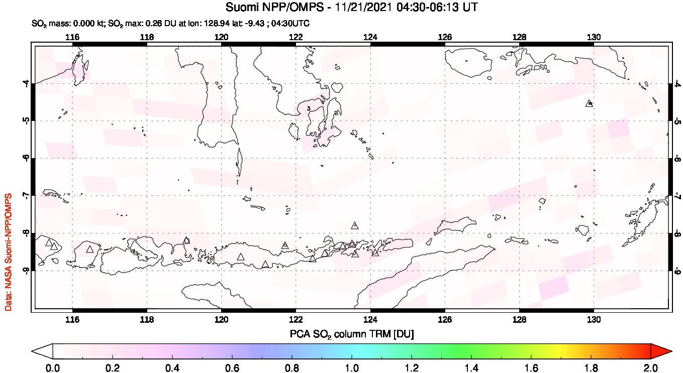 A sulfur dioxide image over Lesser Sunda Islands, Indonesia on Nov 21, 2021.