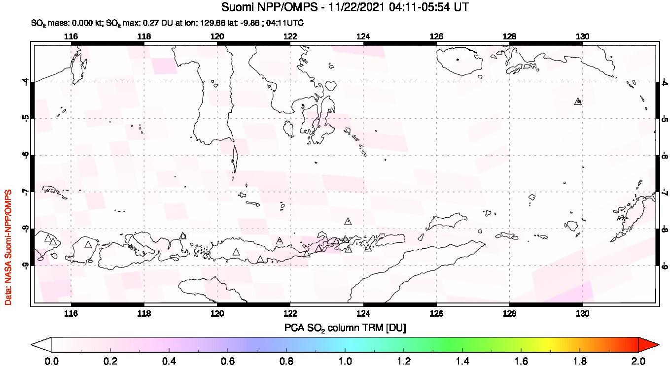 A sulfur dioxide image over Lesser Sunda Islands, Indonesia on Nov 22, 2021.