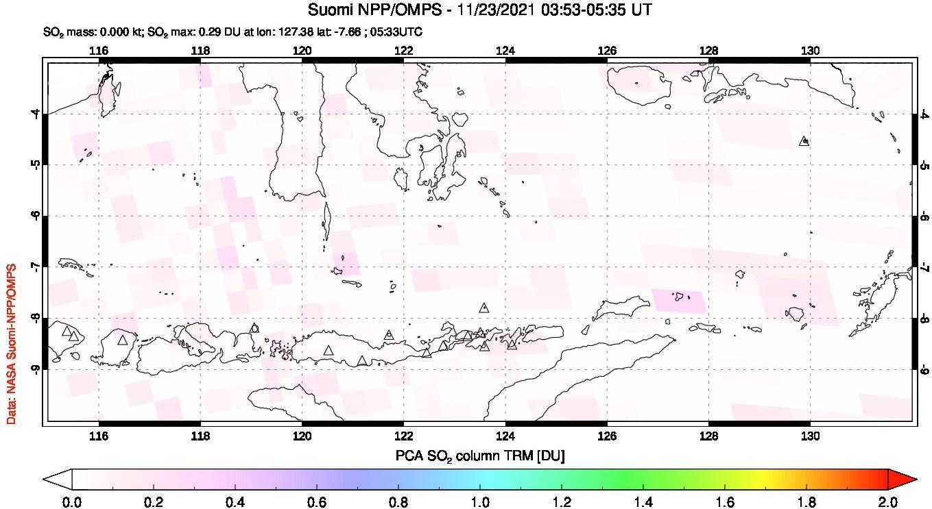 A sulfur dioxide image over Lesser Sunda Islands, Indonesia on Nov 23, 2021.