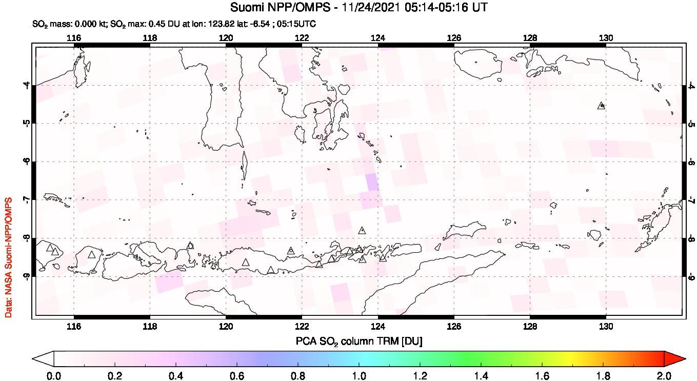 A sulfur dioxide image over Lesser Sunda Islands, Indonesia on Nov 24, 2021.