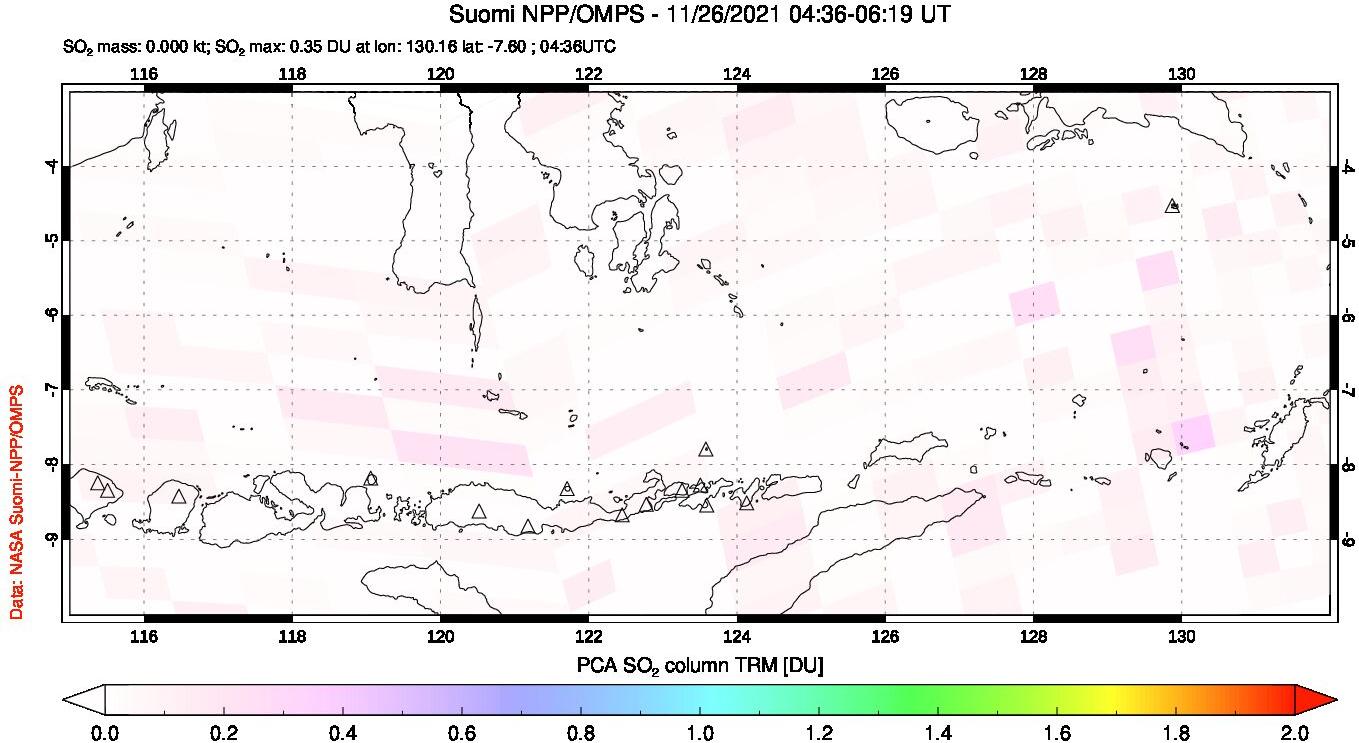 A sulfur dioxide image over Lesser Sunda Islands, Indonesia on Nov 26, 2021.