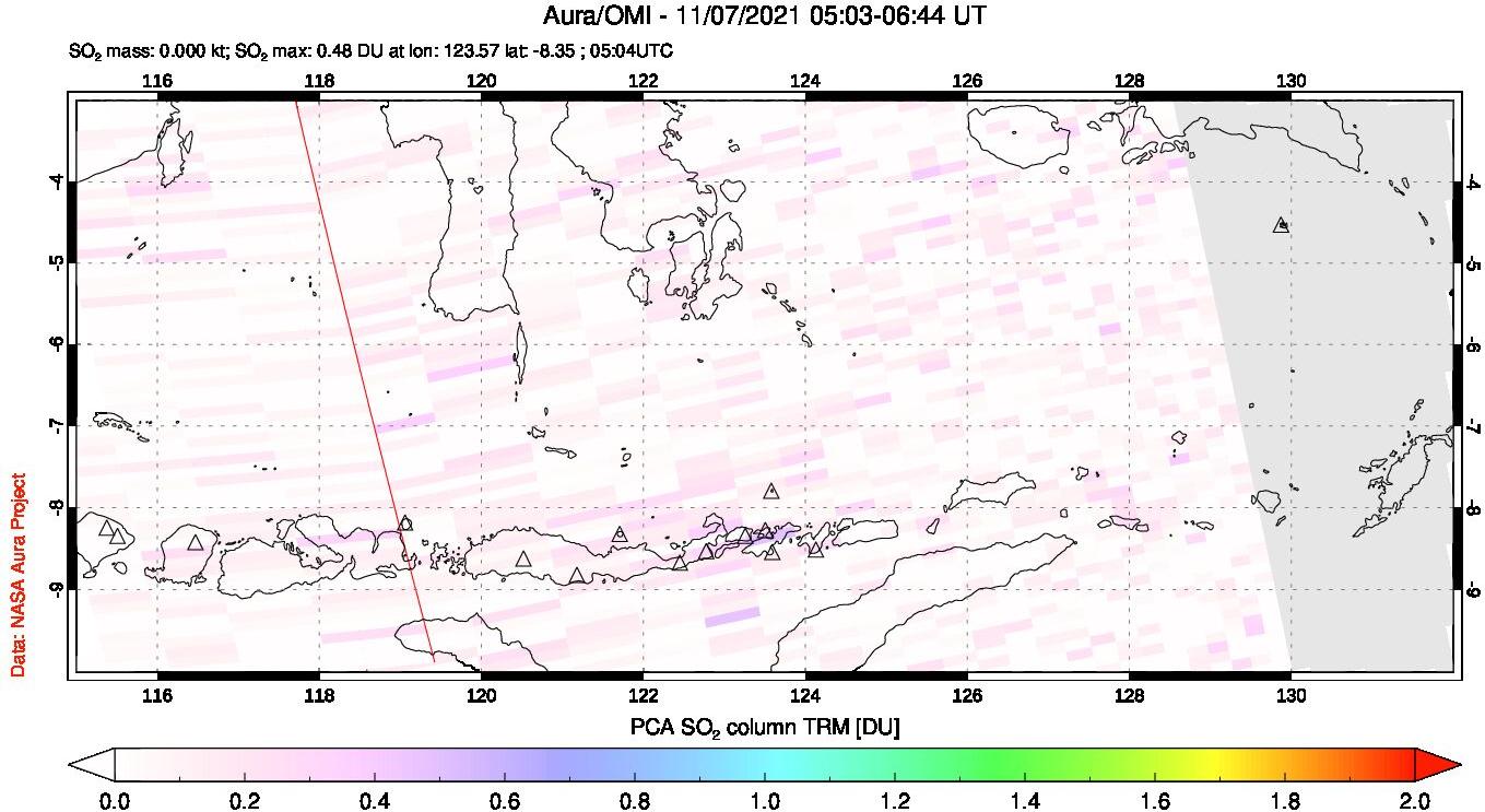 A sulfur dioxide image over Lesser Sunda Islands, Indonesia on Nov 07, 2021.
