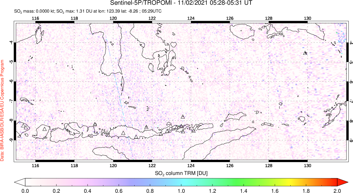 A sulfur dioxide image over Lesser Sunda Islands, Indonesia on Nov 02, 2021.