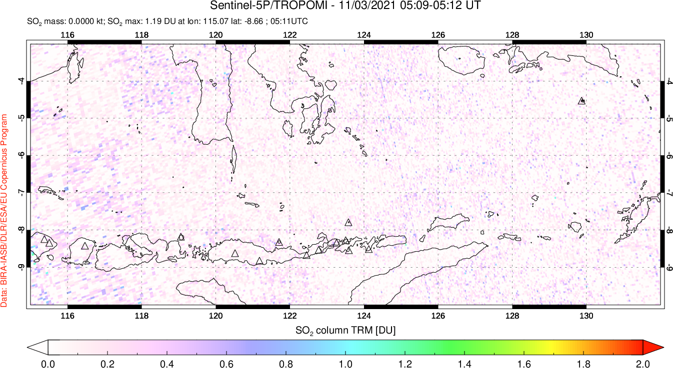 A sulfur dioxide image over Lesser Sunda Islands, Indonesia on Nov 03, 2021.