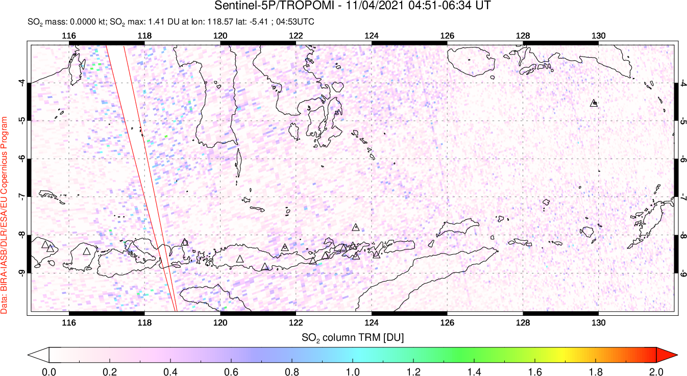 A sulfur dioxide image over Lesser Sunda Islands, Indonesia on Nov 04, 2021.