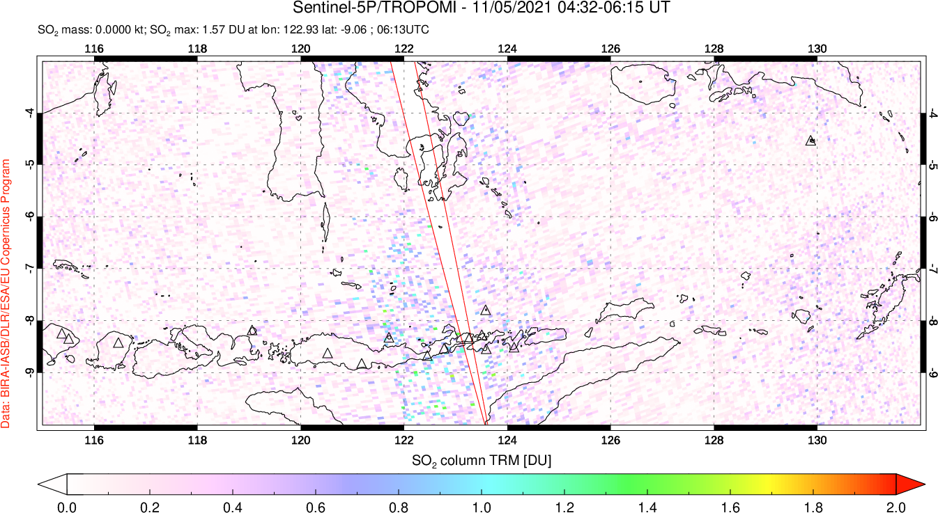 A sulfur dioxide image over Lesser Sunda Islands, Indonesia on Nov 05, 2021.