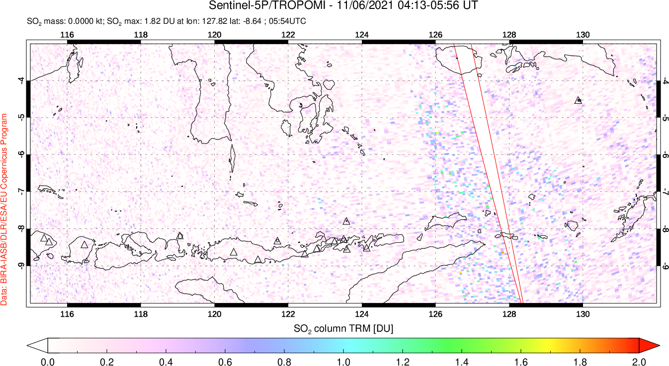 A sulfur dioxide image over Lesser Sunda Islands, Indonesia on Nov 06, 2021.