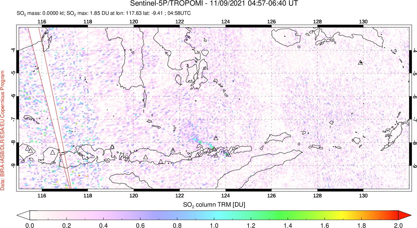 A sulfur dioxide image over Lesser Sunda Islands, Indonesia on Nov 09, 2021.