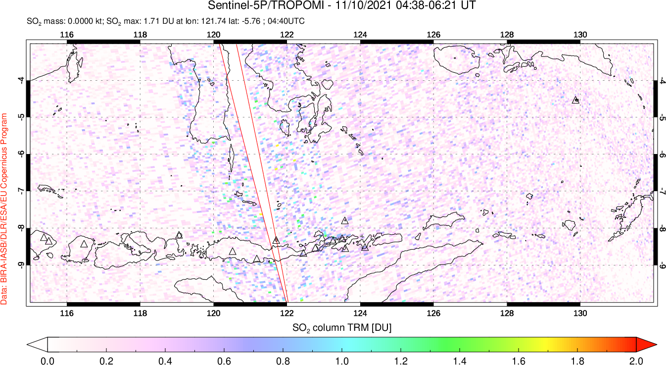 A sulfur dioxide image over Lesser Sunda Islands, Indonesia on Nov 10, 2021.