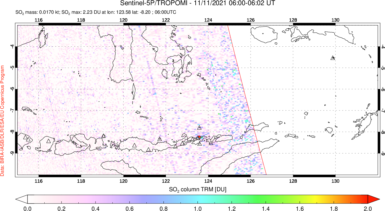 A sulfur dioxide image over Lesser Sunda Islands, Indonesia on Nov 11, 2021.