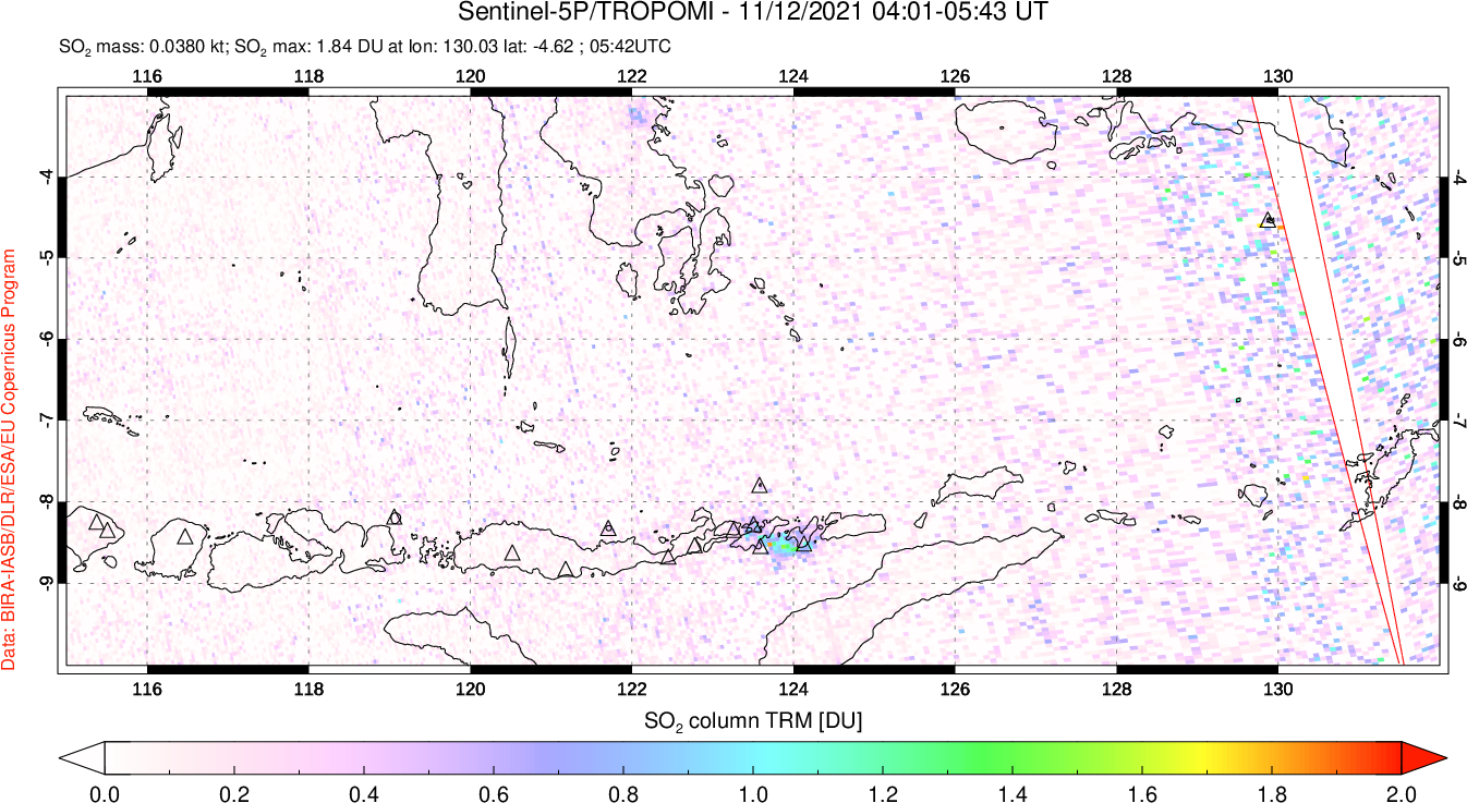 A sulfur dioxide image over Lesser Sunda Islands, Indonesia on Nov 12, 2021.