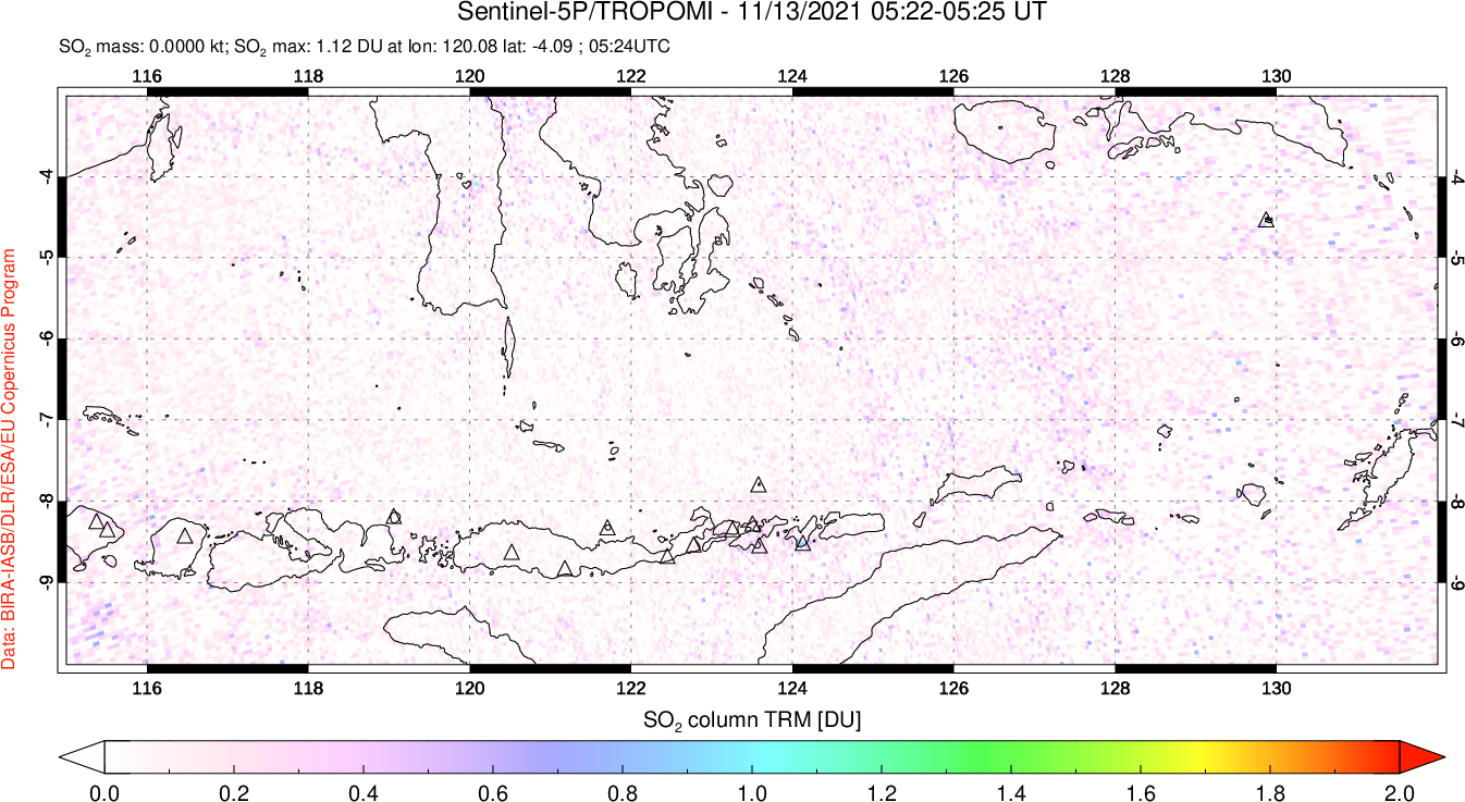 A sulfur dioxide image over Lesser Sunda Islands, Indonesia on Nov 13, 2021.