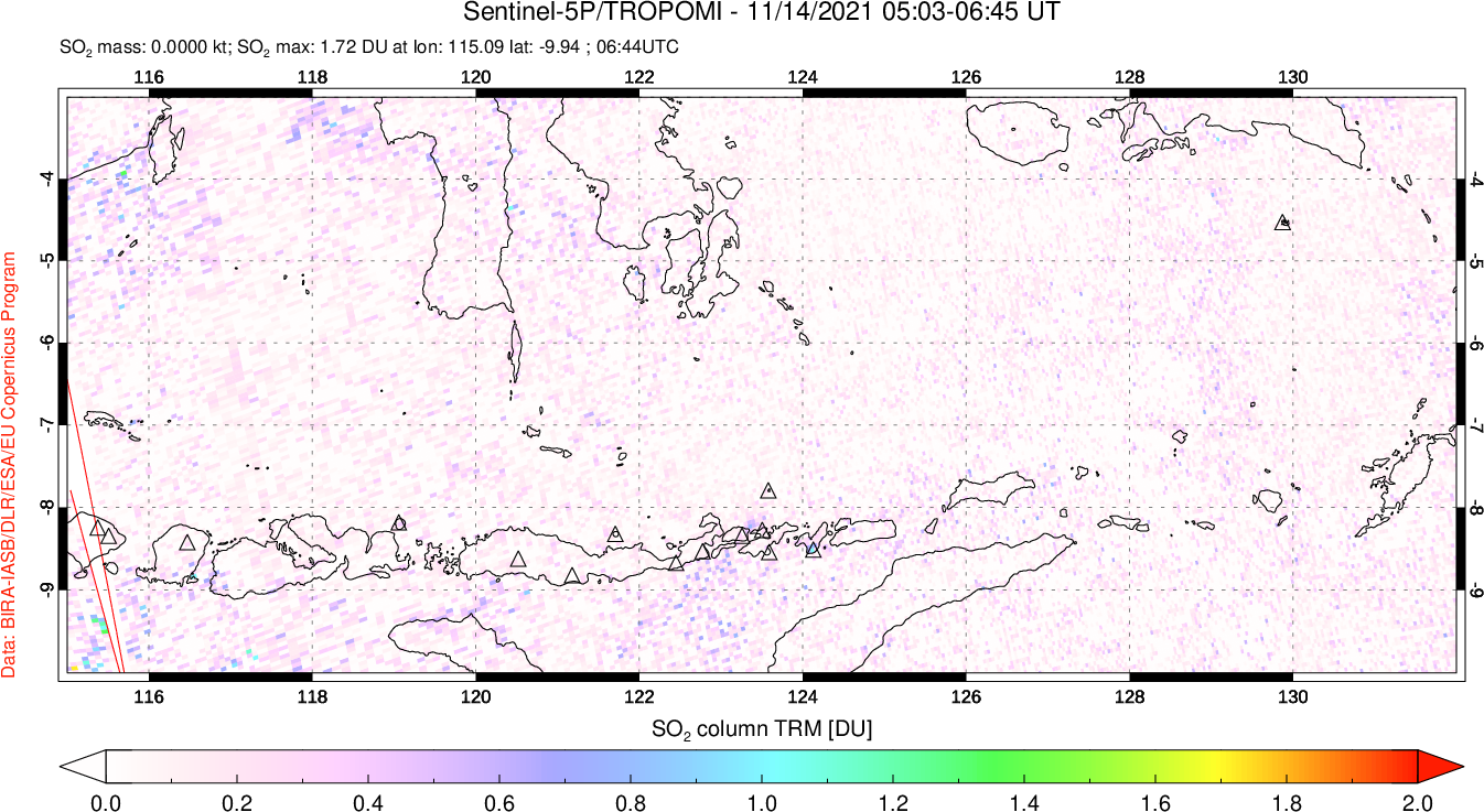 A sulfur dioxide image over Lesser Sunda Islands, Indonesia on Nov 14, 2021.