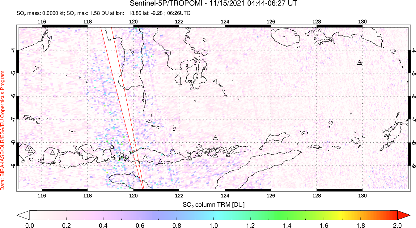 A sulfur dioxide image over Lesser Sunda Islands, Indonesia on Nov 15, 2021.