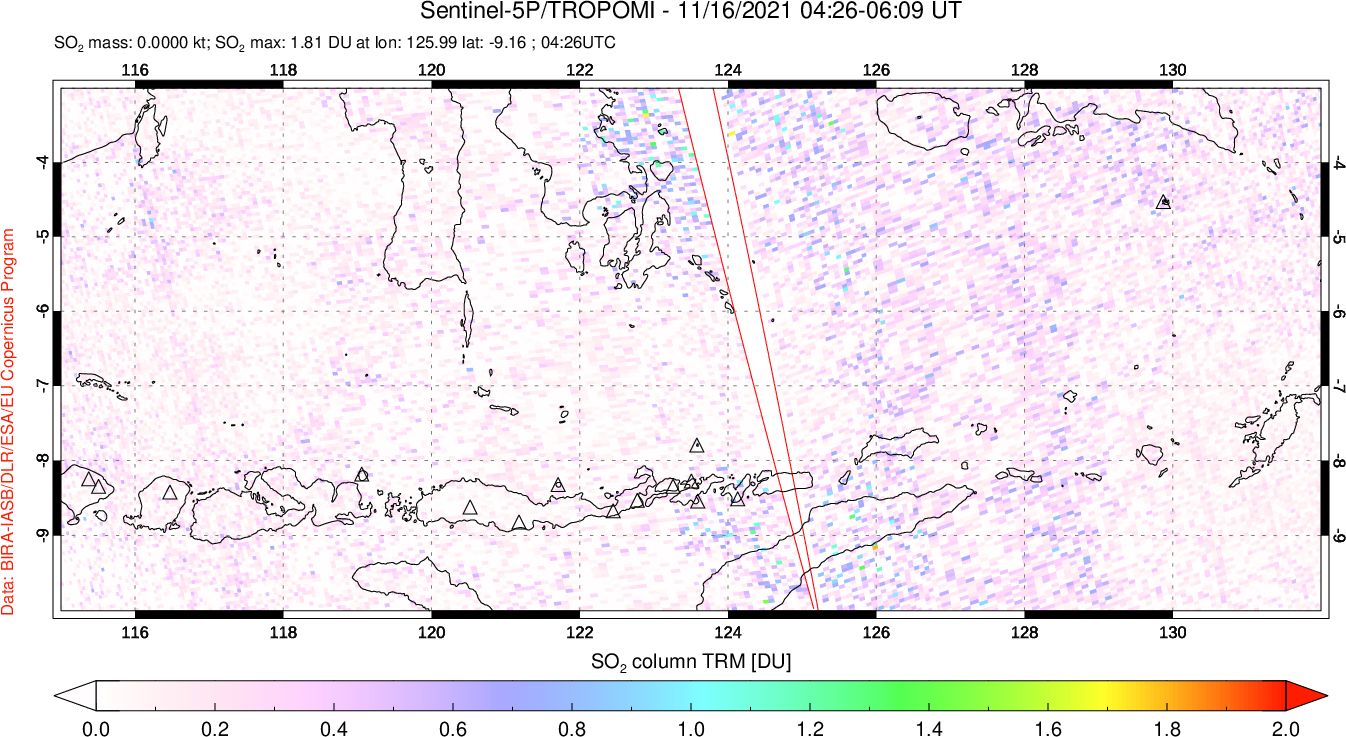 A sulfur dioxide image over Lesser Sunda Islands, Indonesia on Nov 16, 2021.