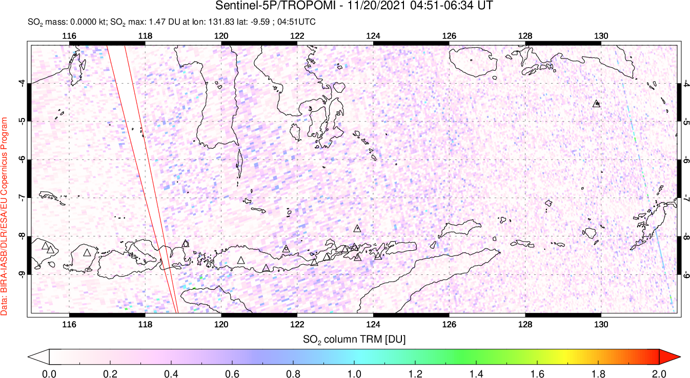 A sulfur dioxide image over Lesser Sunda Islands, Indonesia on Nov 20, 2021.