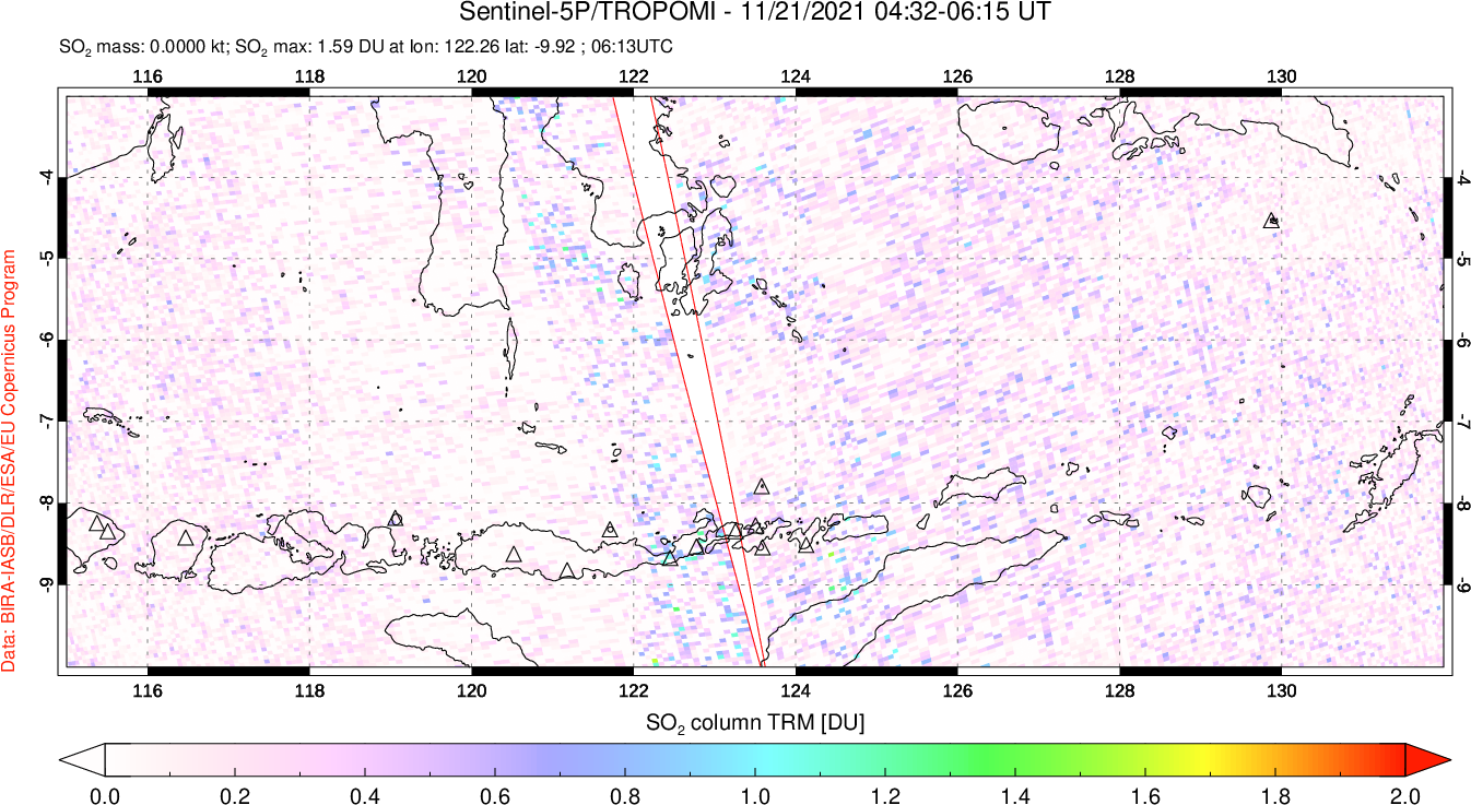 A sulfur dioxide image over Lesser Sunda Islands, Indonesia on Nov 21, 2021.