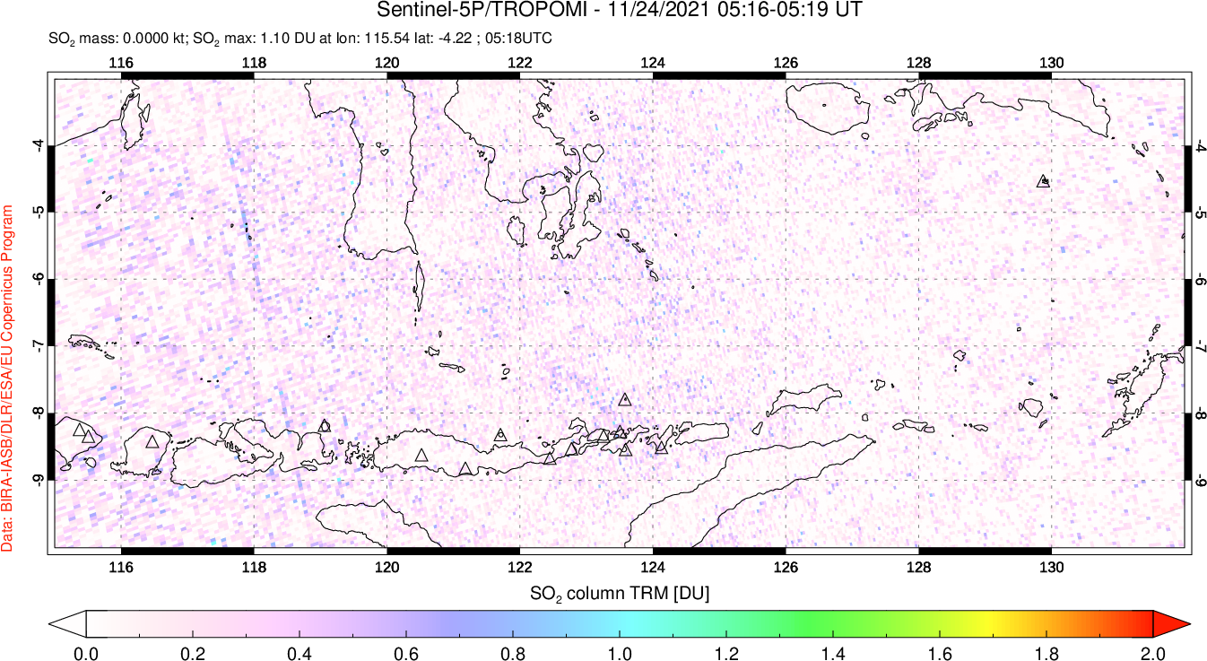 A sulfur dioxide image over Lesser Sunda Islands, Indonesia on Nov 24, 2021.