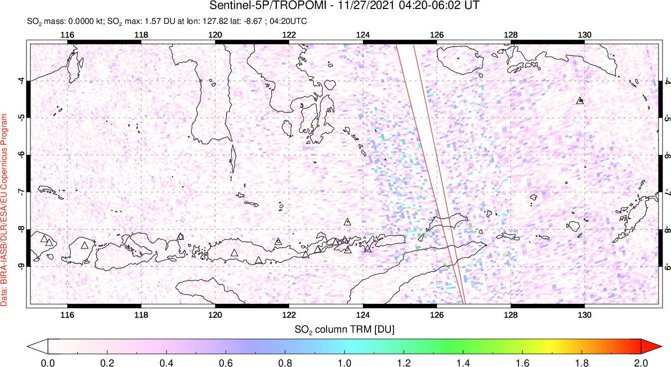 A sulfur dioxide image over Lesser Sunda Islands, Indonesia on Nov 27, 2021.