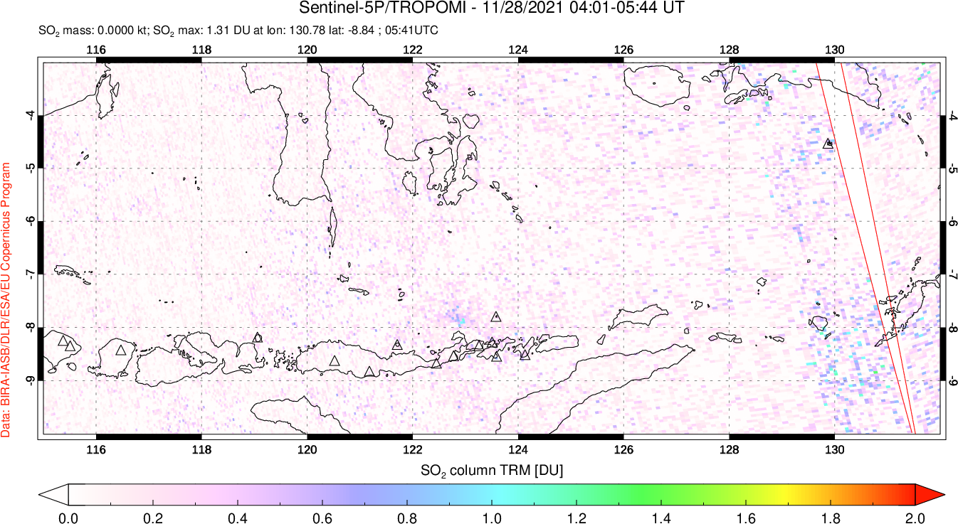 A sulfur dioxide image over Lesser Sunda Islands, Indonesia on Nov 28, 2021.