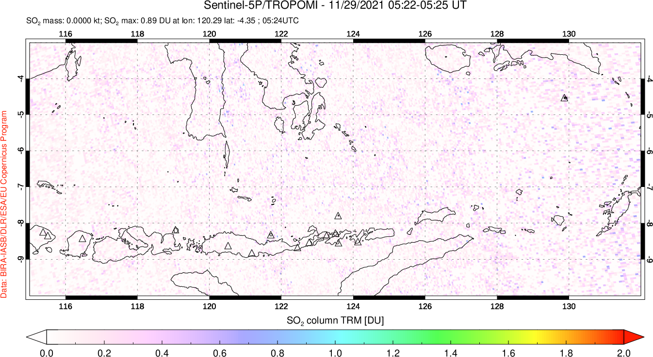 A sulfur dioxide image over Lesser Sunda Islands, Indonesia on Nov 29, 2021.