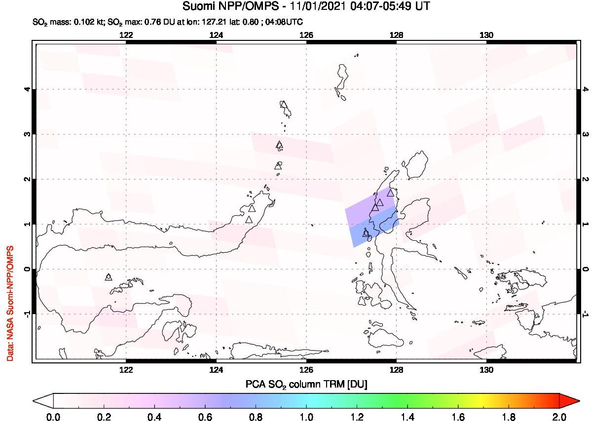 A sulfur dioxide image over Northern Sulawesi & Halmahera, Indonesia on Nov 01, 2021.