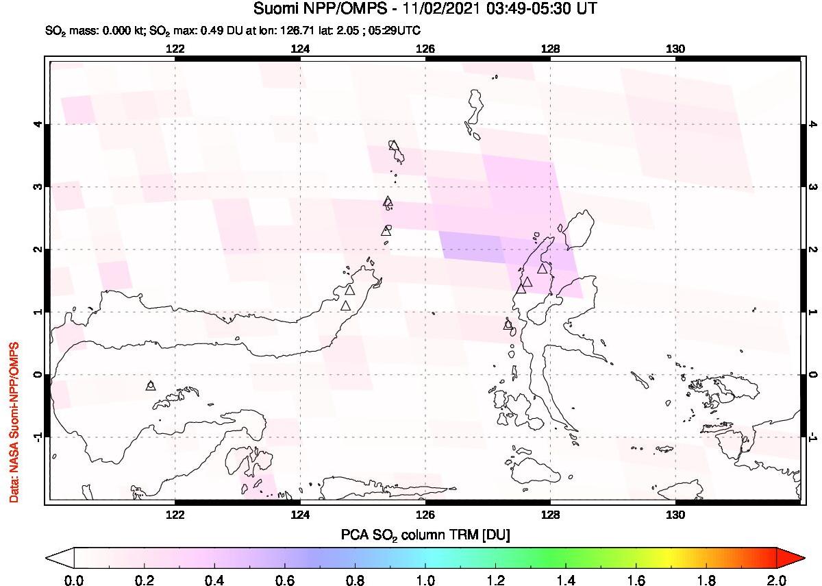 A sulfur dioxide image over Northern Sulawesi & Halmahera, Indonesia on Nov 02, 2021.