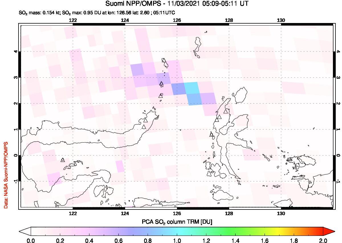 A sulfur dioxide image over Northern Sulawesi & Halmahera, Indonesia on Nov 03, 2021.