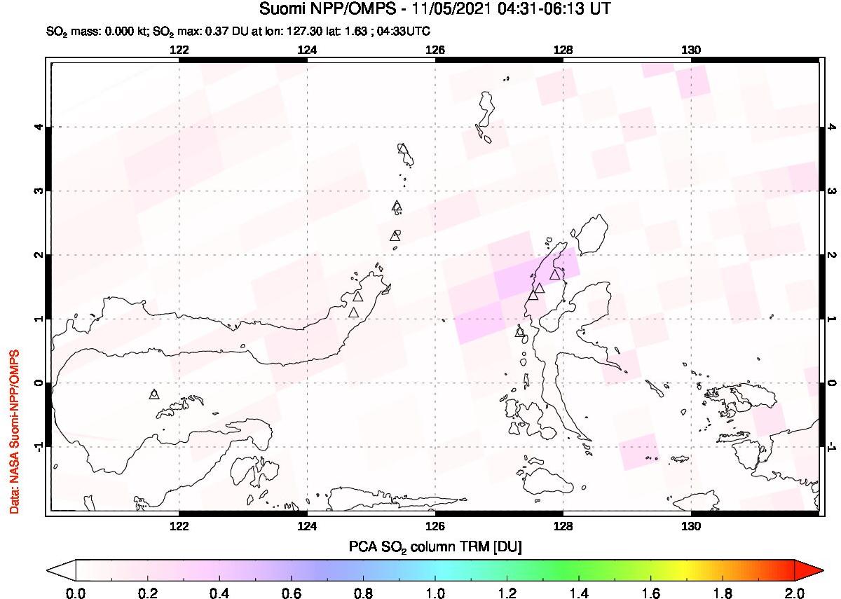 A sulfur dioxide image over Northern Sulawesi & Halmahera, Indonesia on Nov 05, 2021.