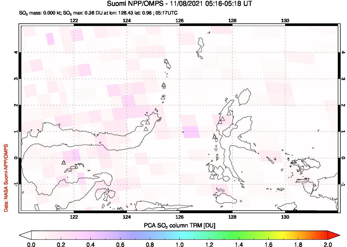 A sulfur dioxide image over Northern Sulawesi & Halmahera, Indonesia on Nov 08, 2021.