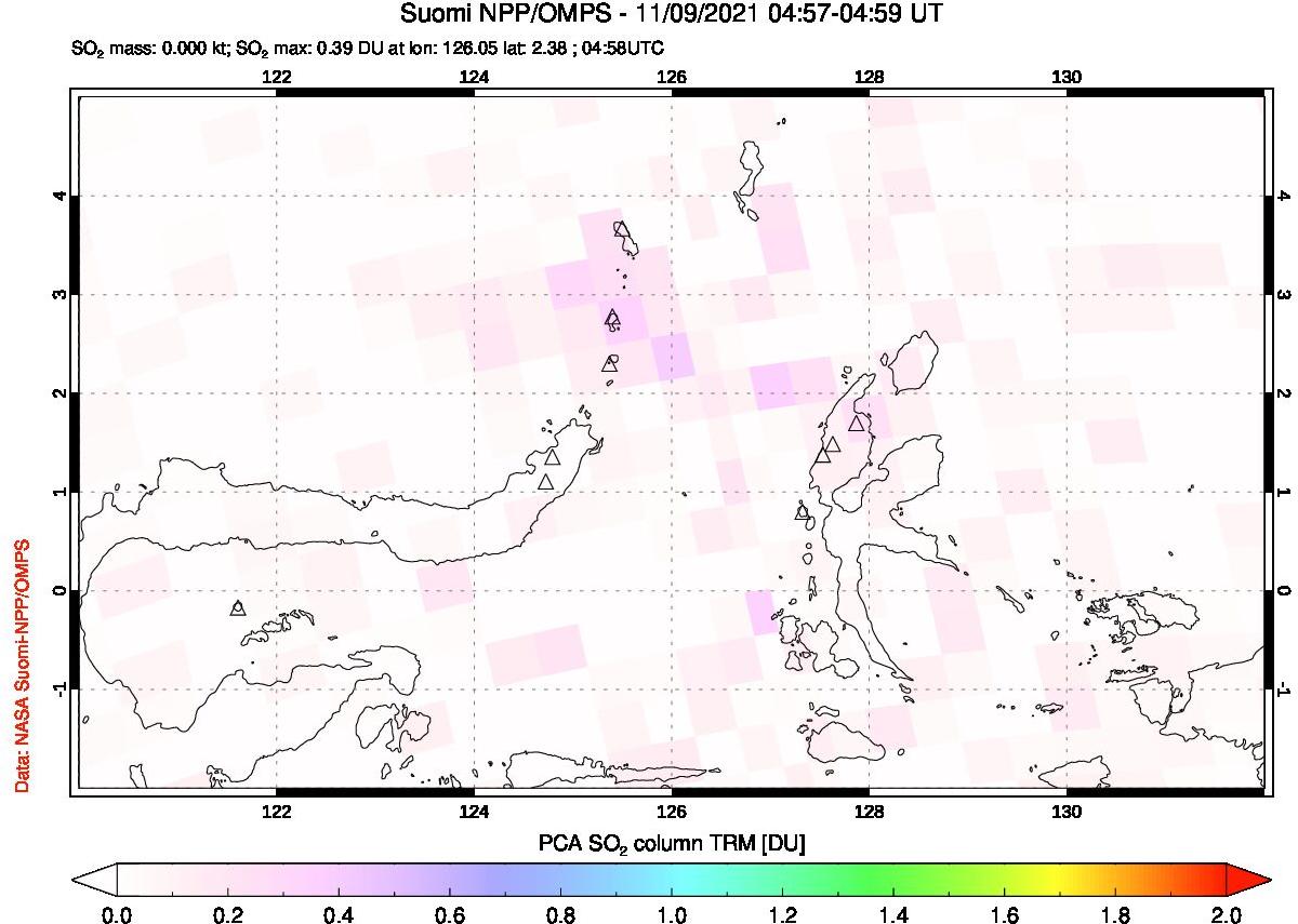 A sulfur dioxide image over Northern Sulawesi & Halmahera, Indonesia on Nov 09, 2021.