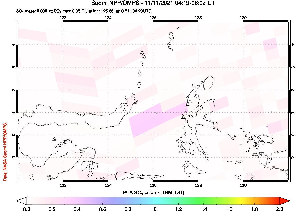 A sulfur dioxide image over Northern Sulawesi & Halmahera, Indonesia on Nov 11, 2021.