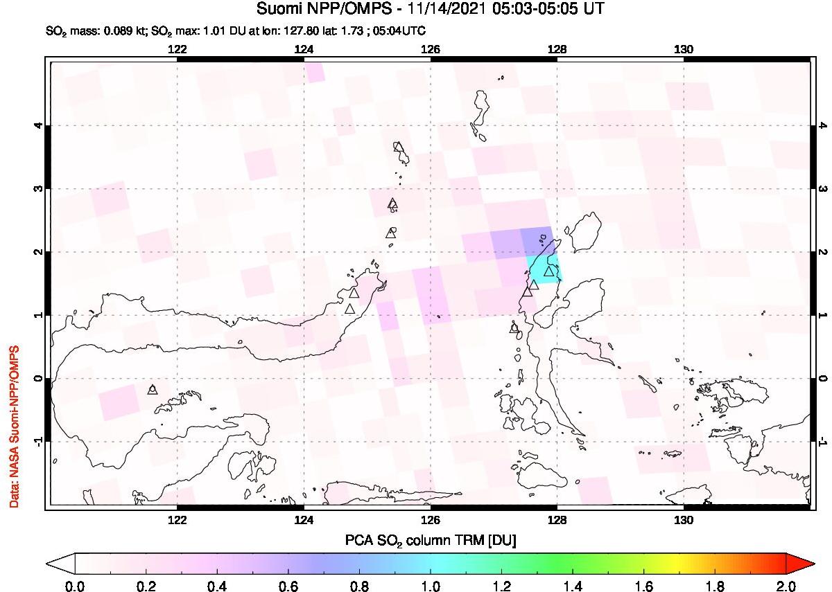 A sulfur dioxide image over Northern Sulawesi & Halmahera, Indonesia on Nov 14, 2021.