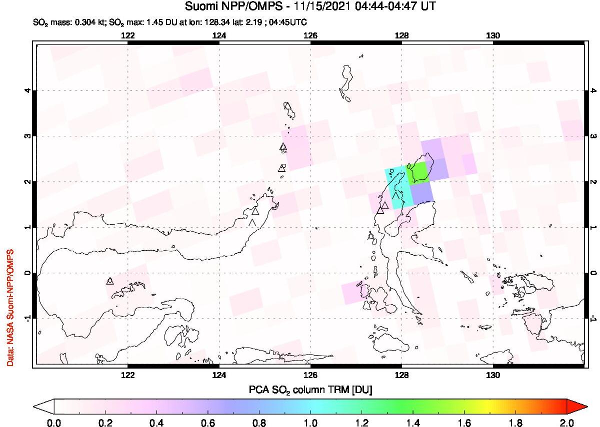 A sulfur dioxide image over Northern Sulawesi & Halmahera, Indonesia on Nov 15, 2021.