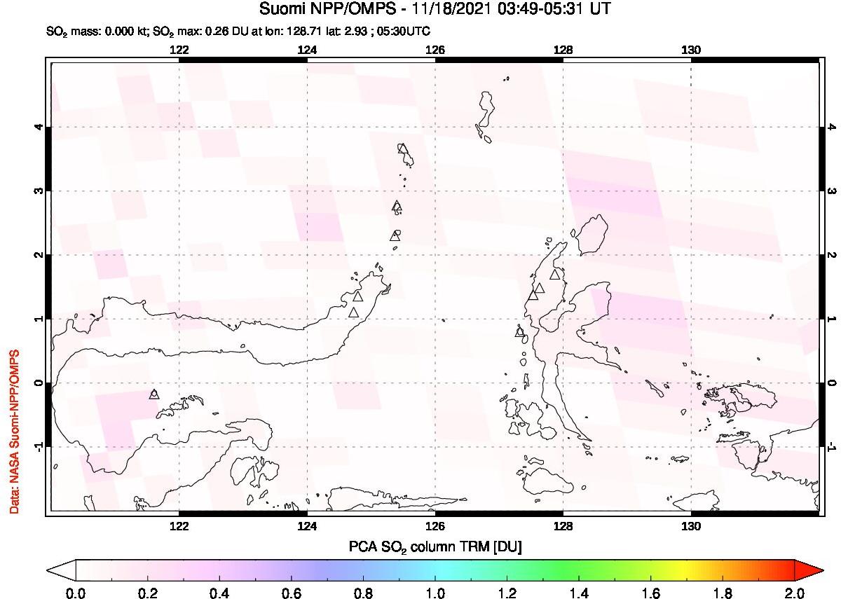 A sulfur dioxide image over Northern Sulawesi & Halmahera, Indonesia on Nov 18, 2021.
