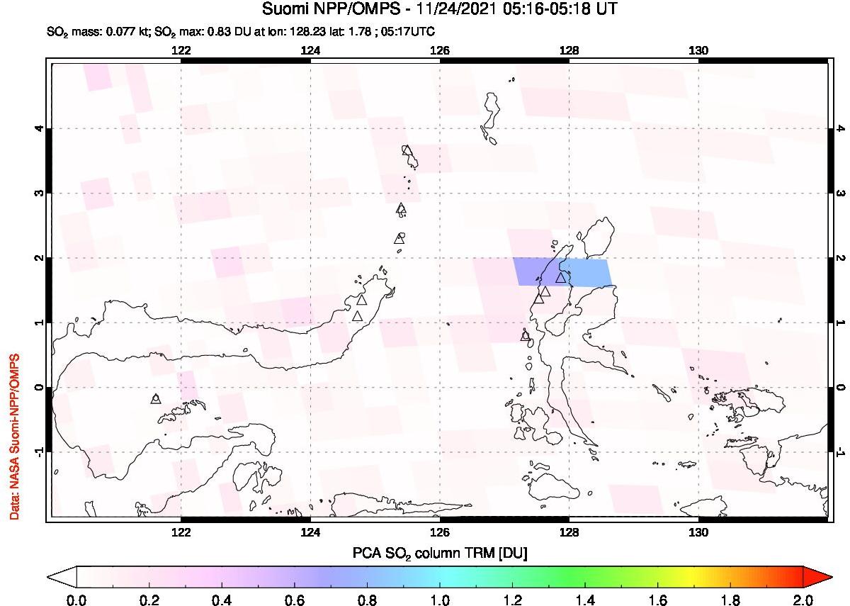 A sulfur dioxide image over Northern Sulawesi & Halmahera, Indonesia on Nov 24, 2021.