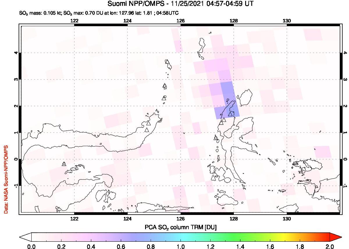 A sulfur dioxide image over Northern Sulawesi & Halmahera, Indonesia on Nov 25, 2021.