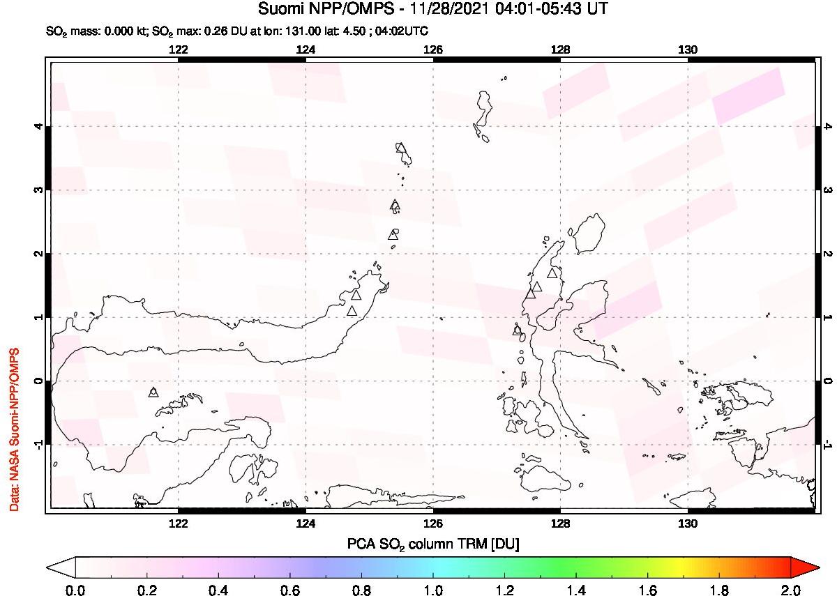 A sulfur dioxide image over Northern Sulawesi & Halmahera, Indonesia on Nov 28, 2021.