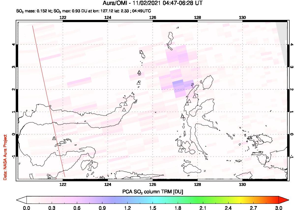 A sulfur dioxide image over Northern Sulawesi & Halmahera, Indonesia on Nov 02, 2021.