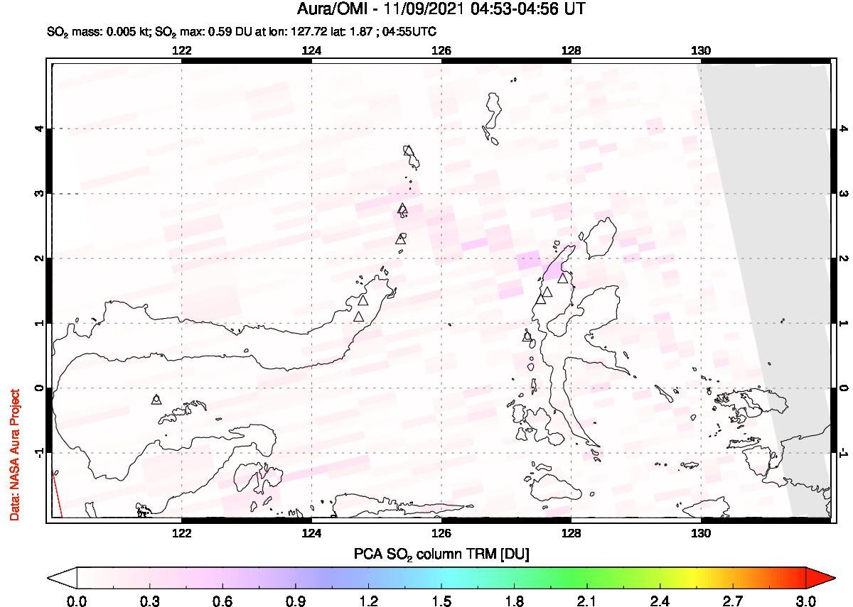 A sulfur dioxide image over Northern Sulawesi & Halmahera, Indonesia on Nov 09, 2021.
