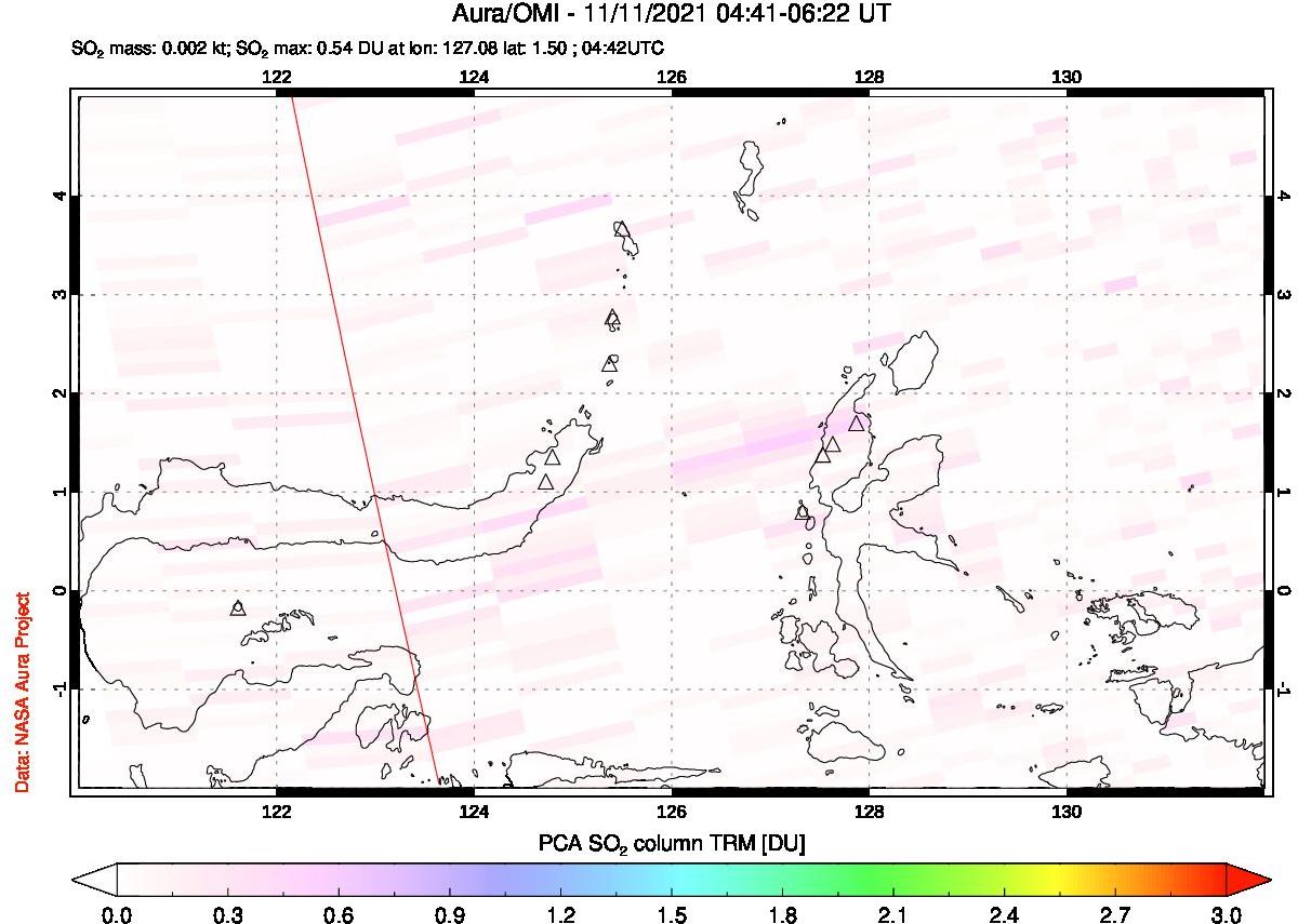 A sulfur dioxide image over Northern Sulawesi & Halmahera, Indonesia on Nov 11, 2021.