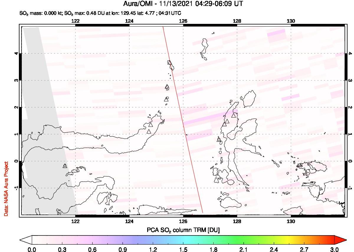 A sulfur dioxide image over Northern Sulawesi & Halmahera, Indonesia on Nov 13, 2021.