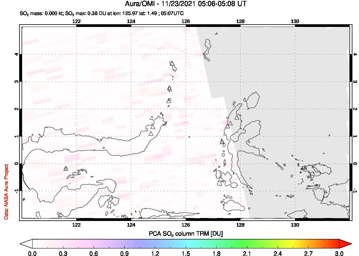 A sulfur dioxide image over Northern Sulawesi & Halmahera, Indonesia on Nov 23, 2021.