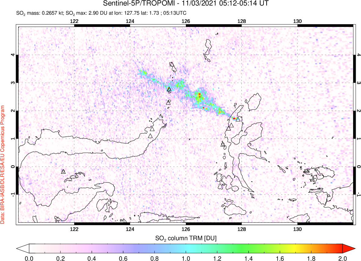 A sulfur dioxide image over Northern Sulawesi & Halmahera, Indonesia on Nov 03, 2021.