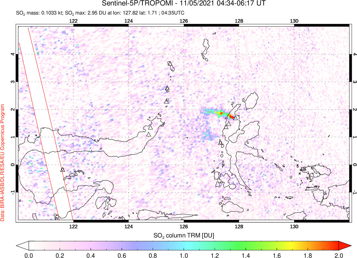 A sulfur dioxide image over Northern Sulawesi & Halmahera, Indonesia on Nov 05, 2021.