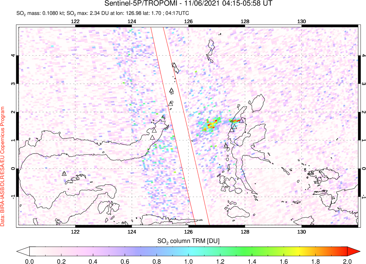 A sulfur dioxide image over Northern Sulawesi & Halmahera, Indonesia on Nov 06, 2021.