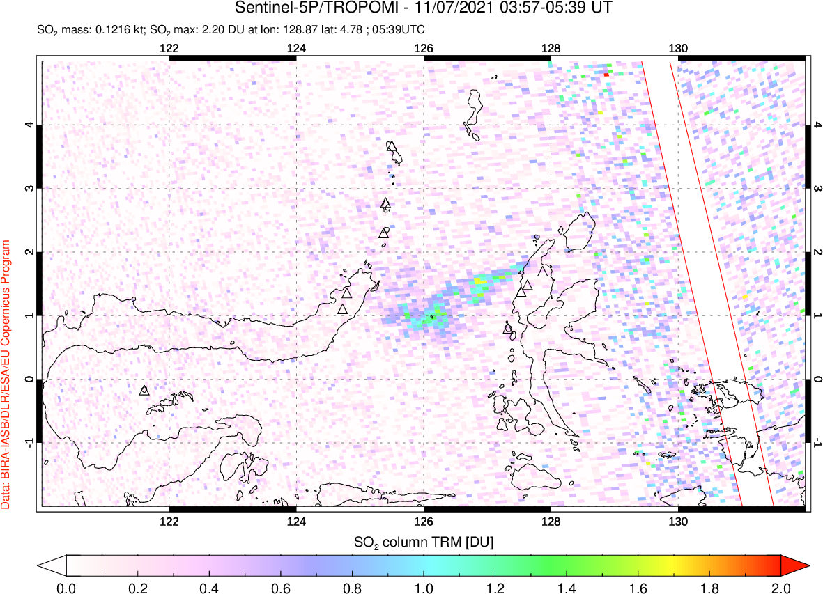A sulfur dioxide image over Northern Sulawesi & Halmahera, Indonesia on Nov 07, 2021.