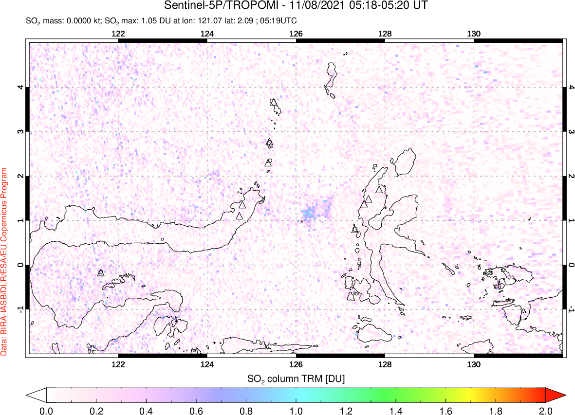 A sulfur dioxide image over Northern Sulawesi & Halmahera, Indonesia on Nov 08, 2021.